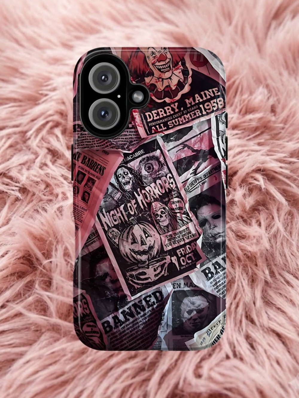 Phone Case with Pink Horror Newspaper Collage Design